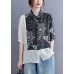 Vintage Black Peter Pan Collar Button Patchwork Print Fall Shirt Half Sleeve