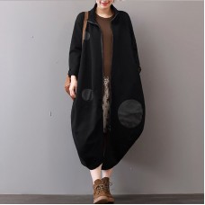 women black Coats plus size clothing zippered Winter coat Elegant lapel collar maxi coat